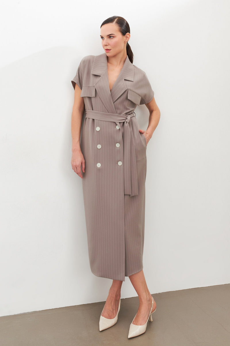 Setre Striped Belted Midi Dress Grey