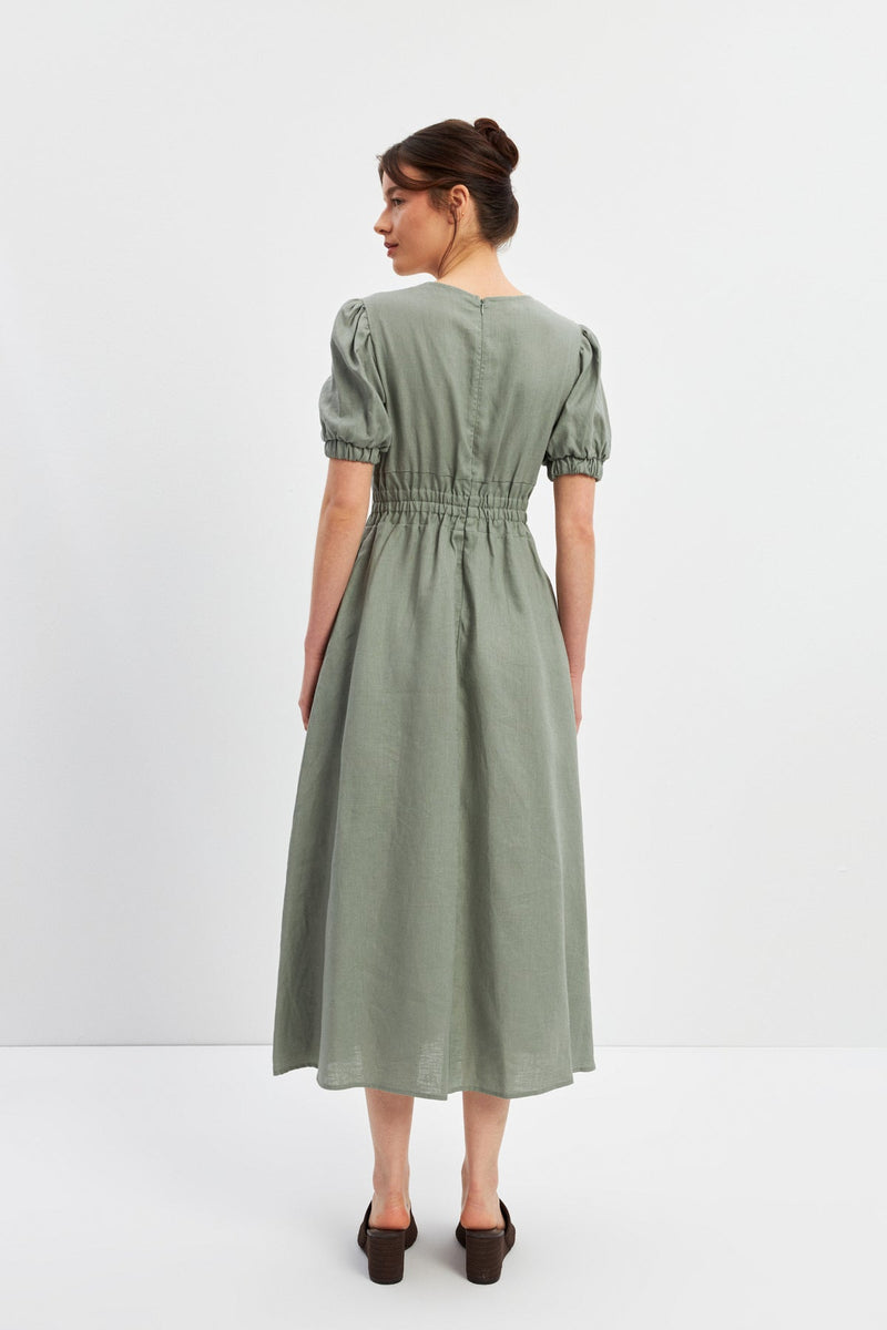 Setre Gathered And Sleeve Detailed Linen Dress Olive