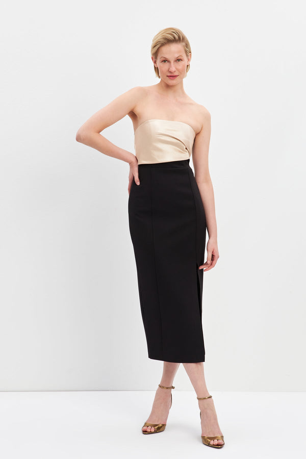 Setre Strapless Slit Detailed Midi Dress Black / Beige