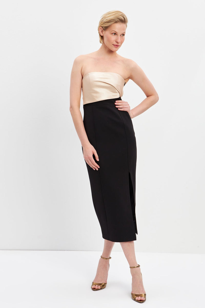 Setre Strapless Slit Detailed Midi Dress Black / Beige