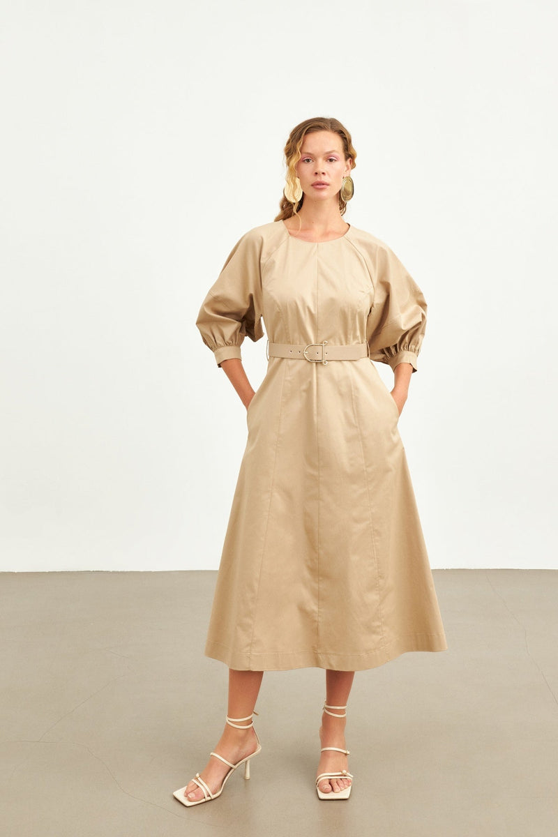 Setre Balloon Sleeve Midi Dress Beige