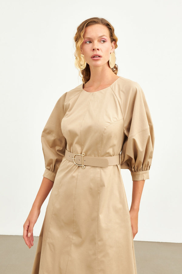 Setre Balloon Sleeve Midi Dress Beige