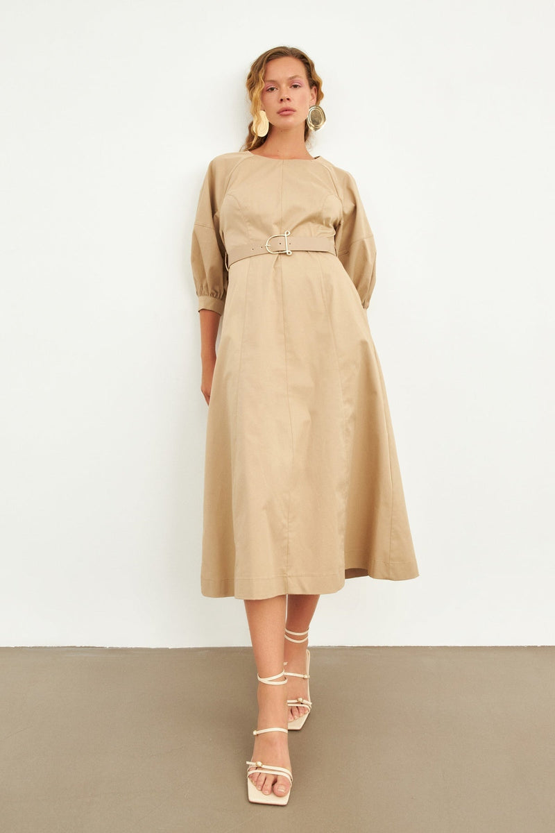 Setre Balloon Sleeve Midi Dress Beige