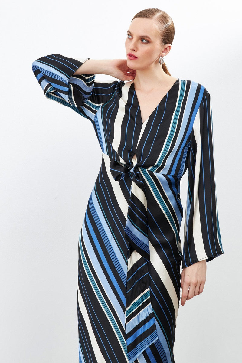 Setre Patterned V-Neck Midi Dress Sax