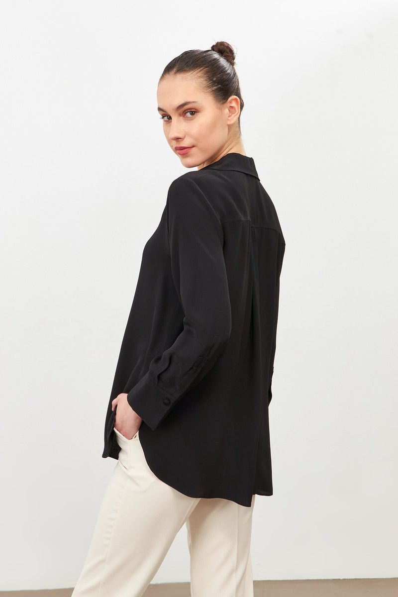 Setre Lace Detail Long Sleeve Shirt With Collar Black