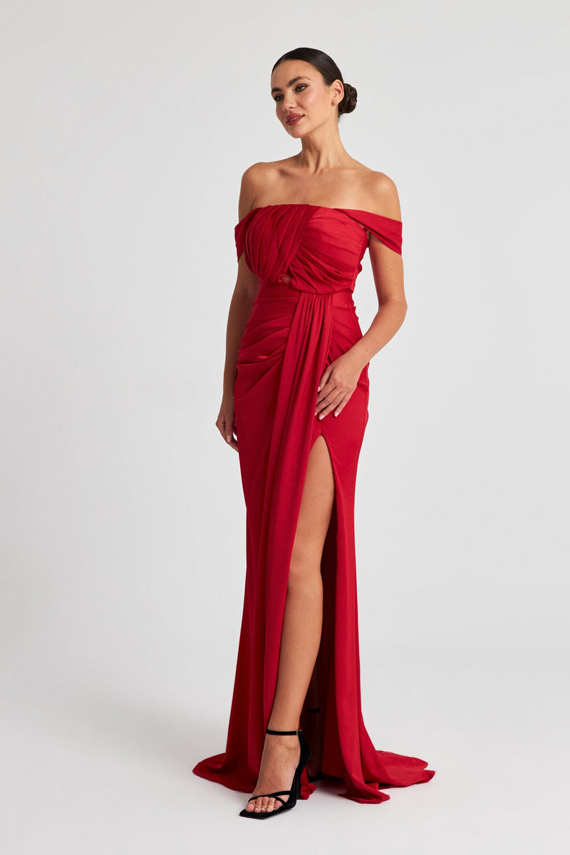 Setre Strapless Slit Detailed Evening Dress Red