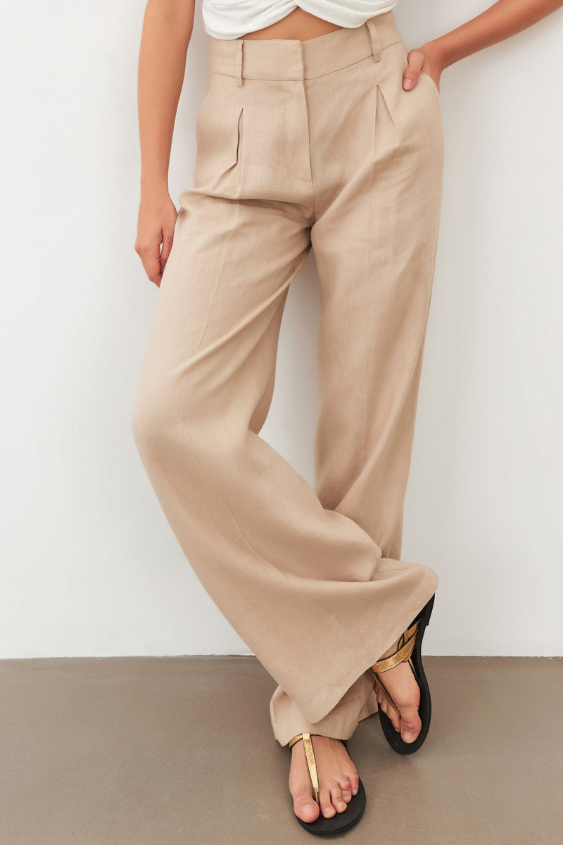 Setre Pleat Detailed Linen Trousers Beige