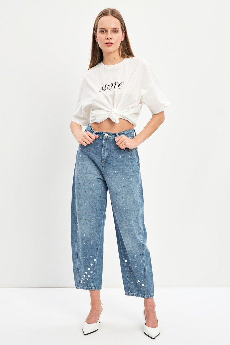 Setre High Waist Stone Detailed Jeans Blue