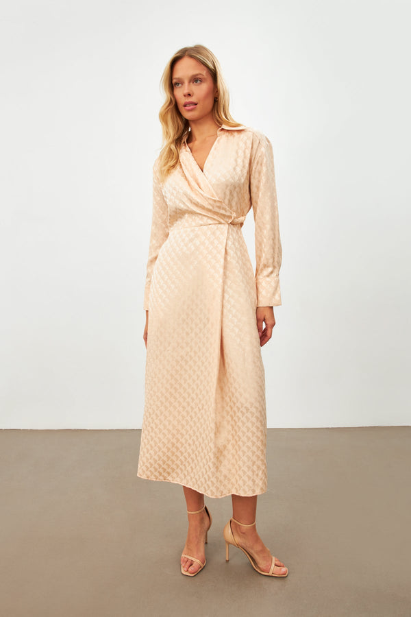 Setre Patterned Wrap Detail Midi Dress Beige