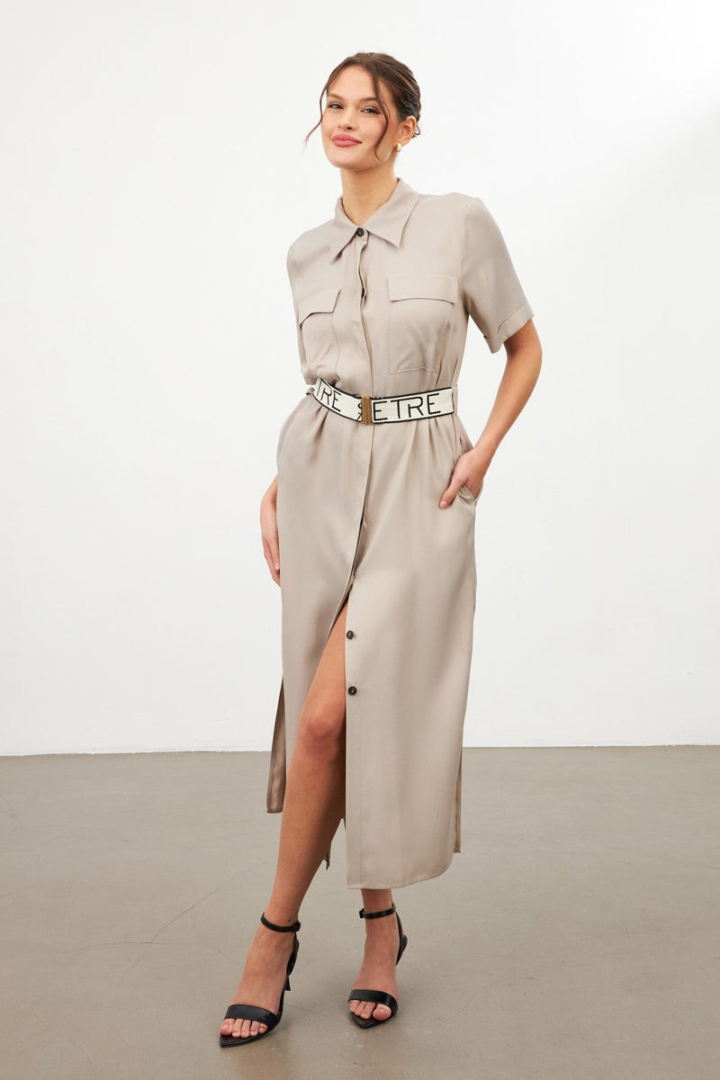 Setre Shirt Collar Belted Midi Dress Dark Beige