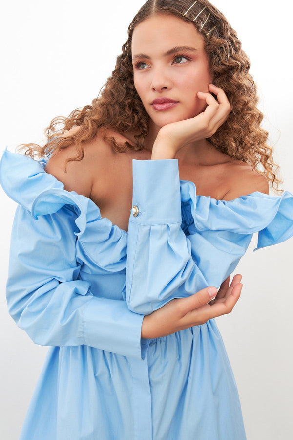 Setre Off-Shoulder Belted Button-Up Dress Blue