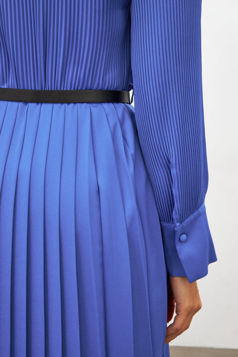 Setre Belted Pleated Shirt Collar Long Sleeve Dress Blue