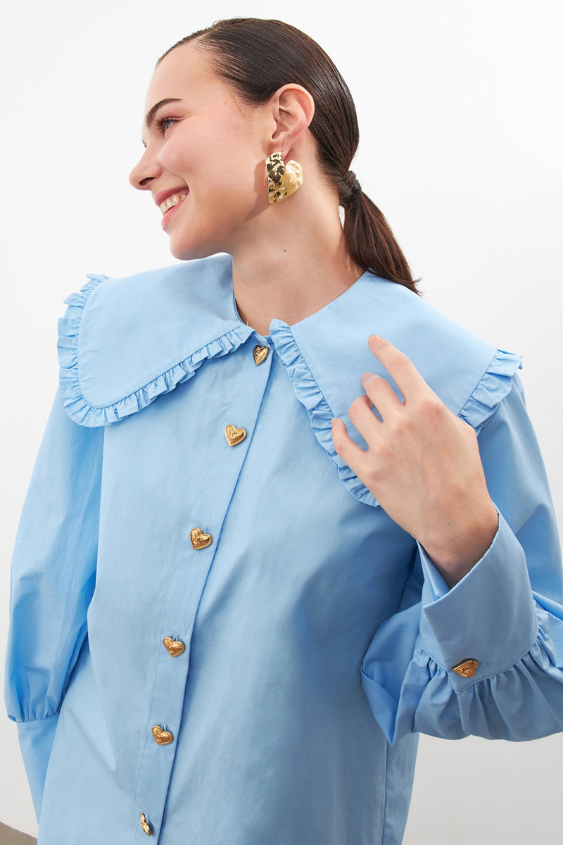 Setre Collar And Button Detail Long Sleeve Shirt Blue