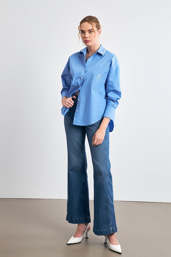 Setre Collar-Pearl Embellished Shirt Blue