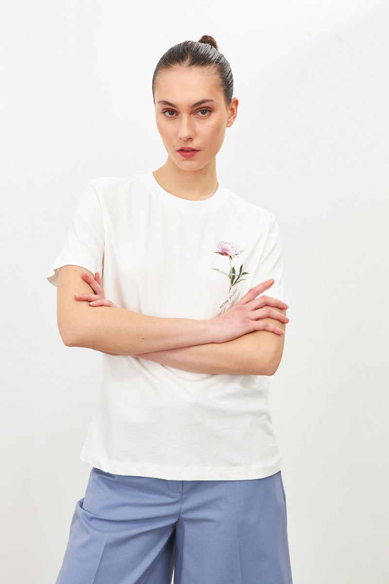 Setre Flower Detail Setre Banded T-Shirts Ecru