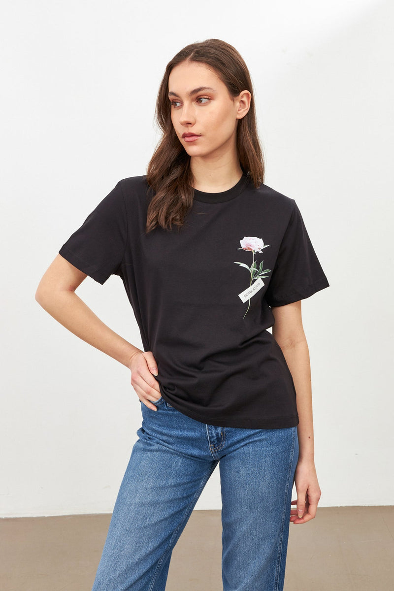 Setre Flower Detail Setre Banded T-Shirts Black