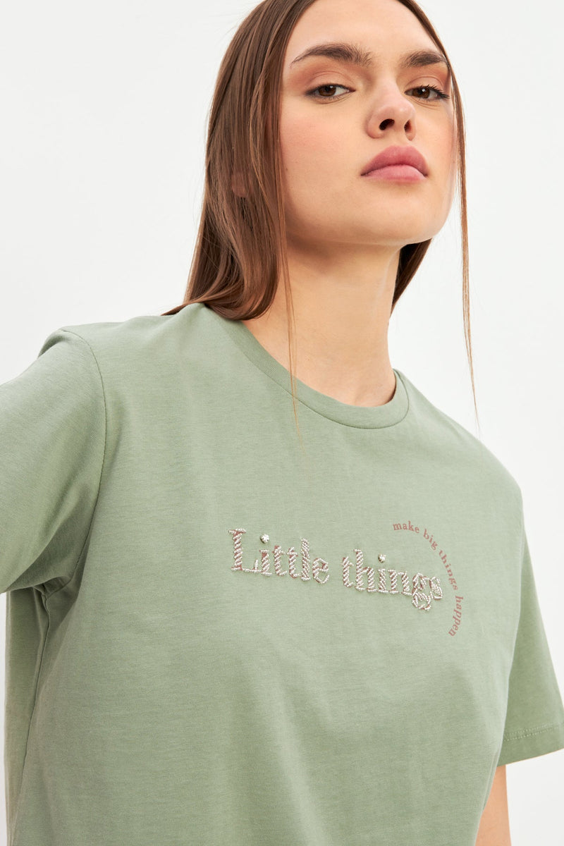 Setre Mini Print Detailed Crew Neck T-Shirt Light Green