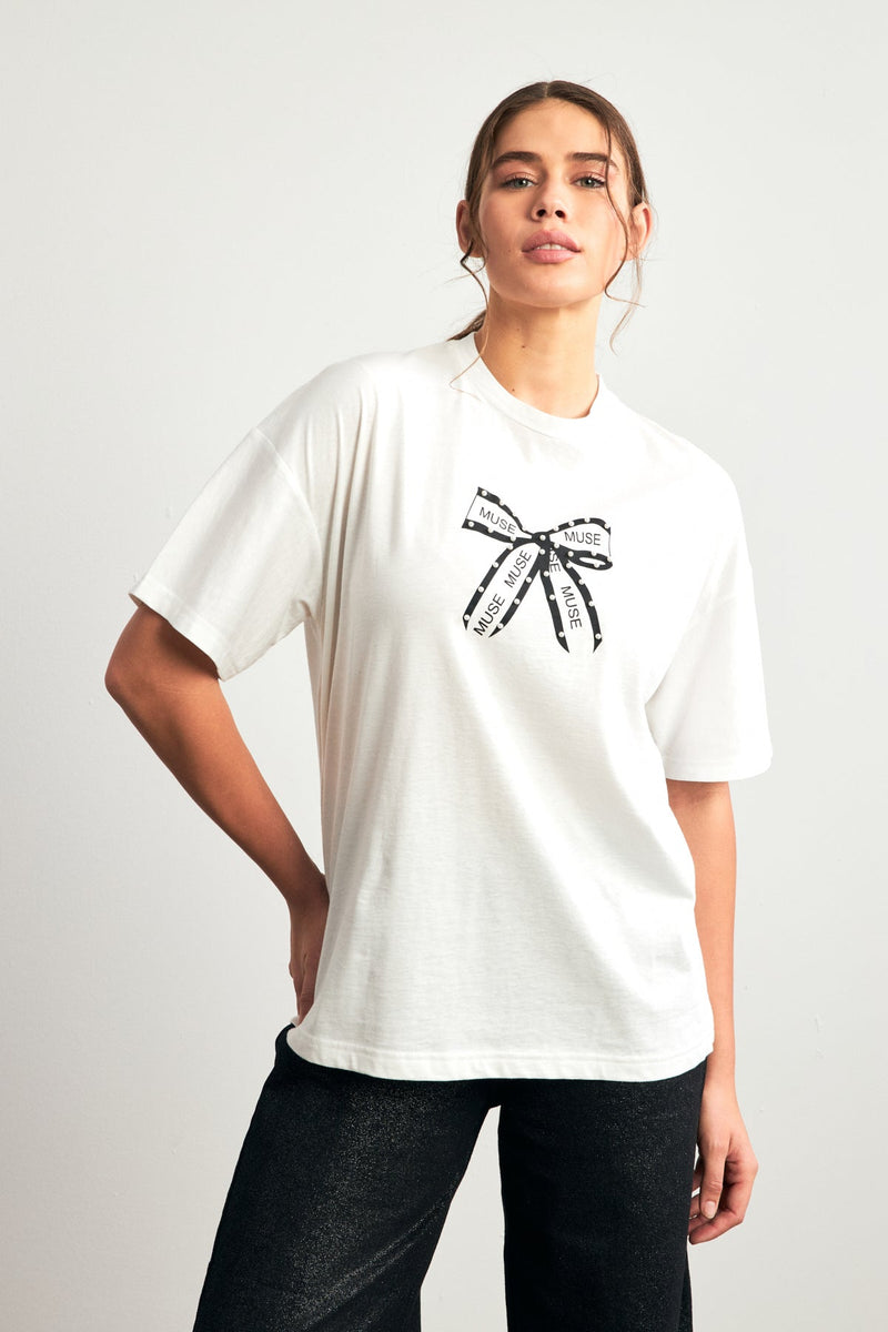 Setre T-Shirt With Bow Print And Pearl Detail Ecru