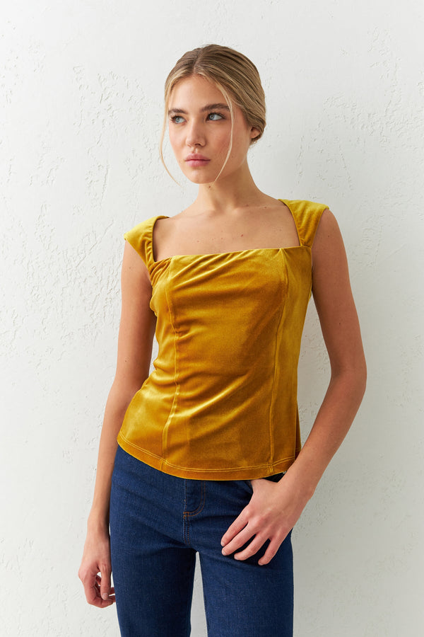 Setre Rectangular Neck Strap Blouse Mustard