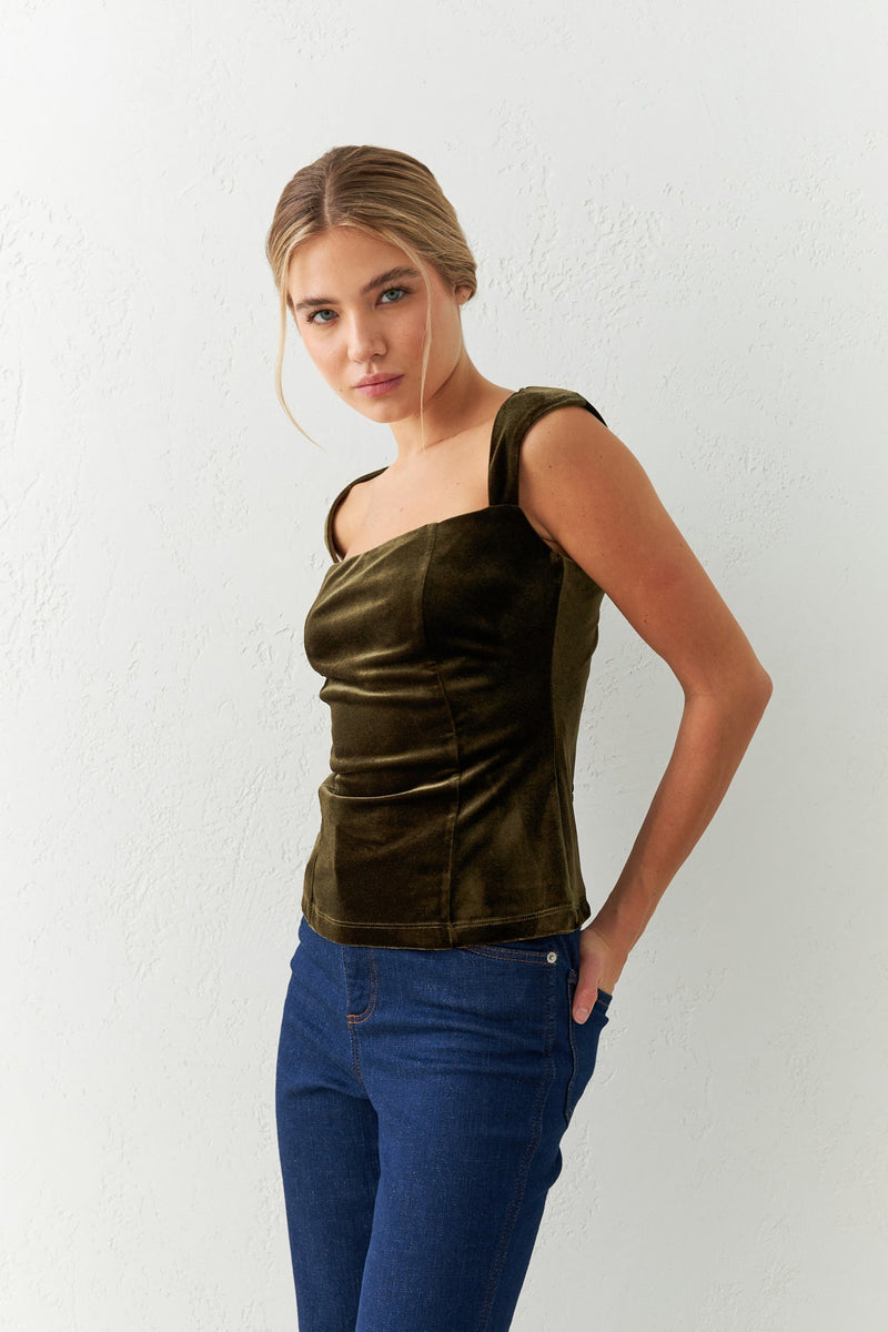 Setre Rectangular Neck Strap Blouse Khaki