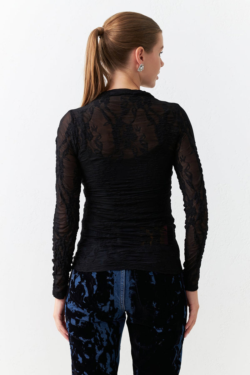 Setre Transparent Lace Detailed Turtleneck Blouse Black