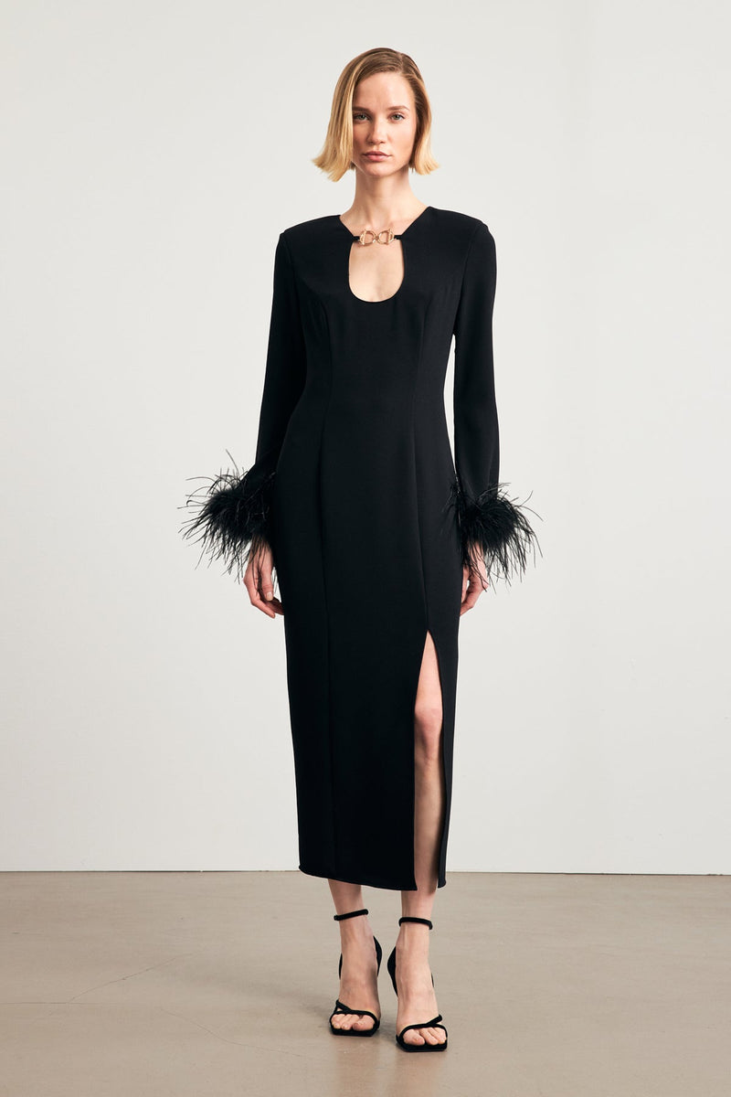 Setre Midi Dress With Feather Sleeves Black