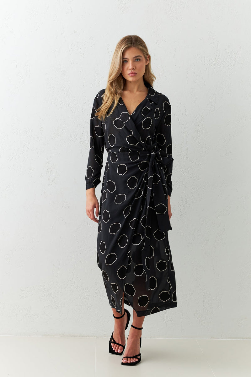 Setre Patterned Wrap Detail Dress Black