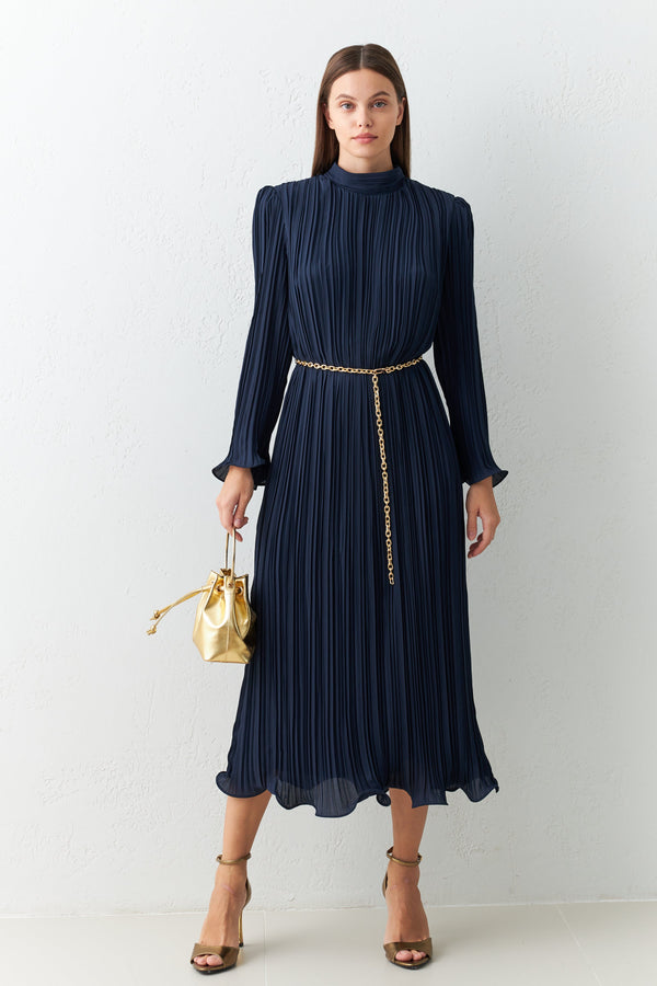 Setre Turtleneck Belt Detailed Midi Full Fit Dress D. Navy