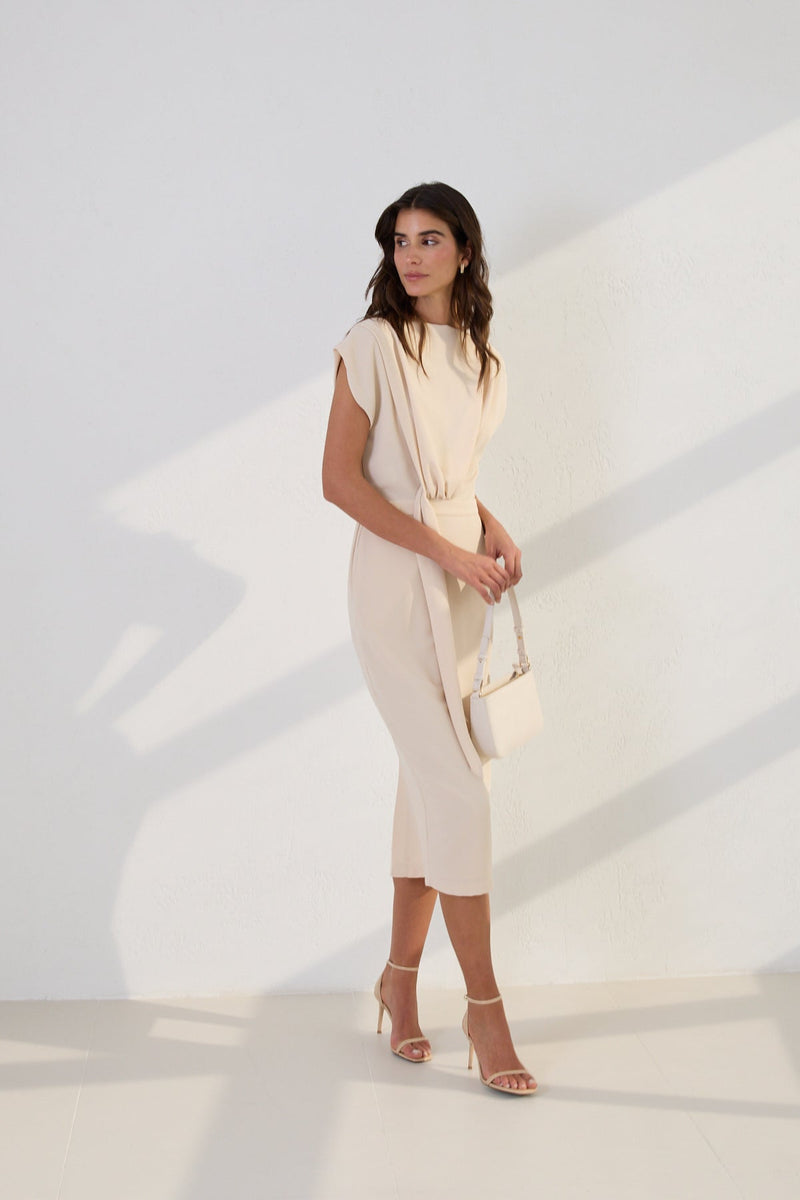 Setre Draped Detail Midi Dress Beige