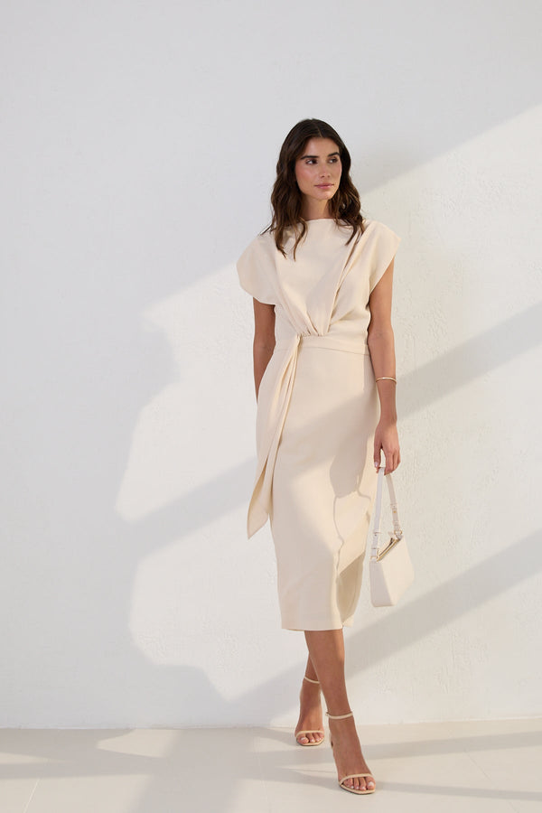 Setre Draped Detail Midi Dress Beige