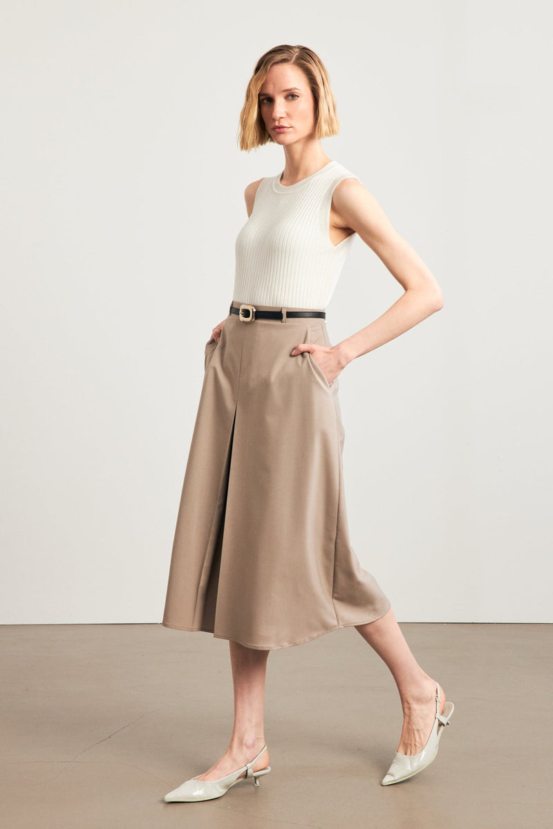 Setre Belted Single Pleat Detailed Midi Skirt Beige