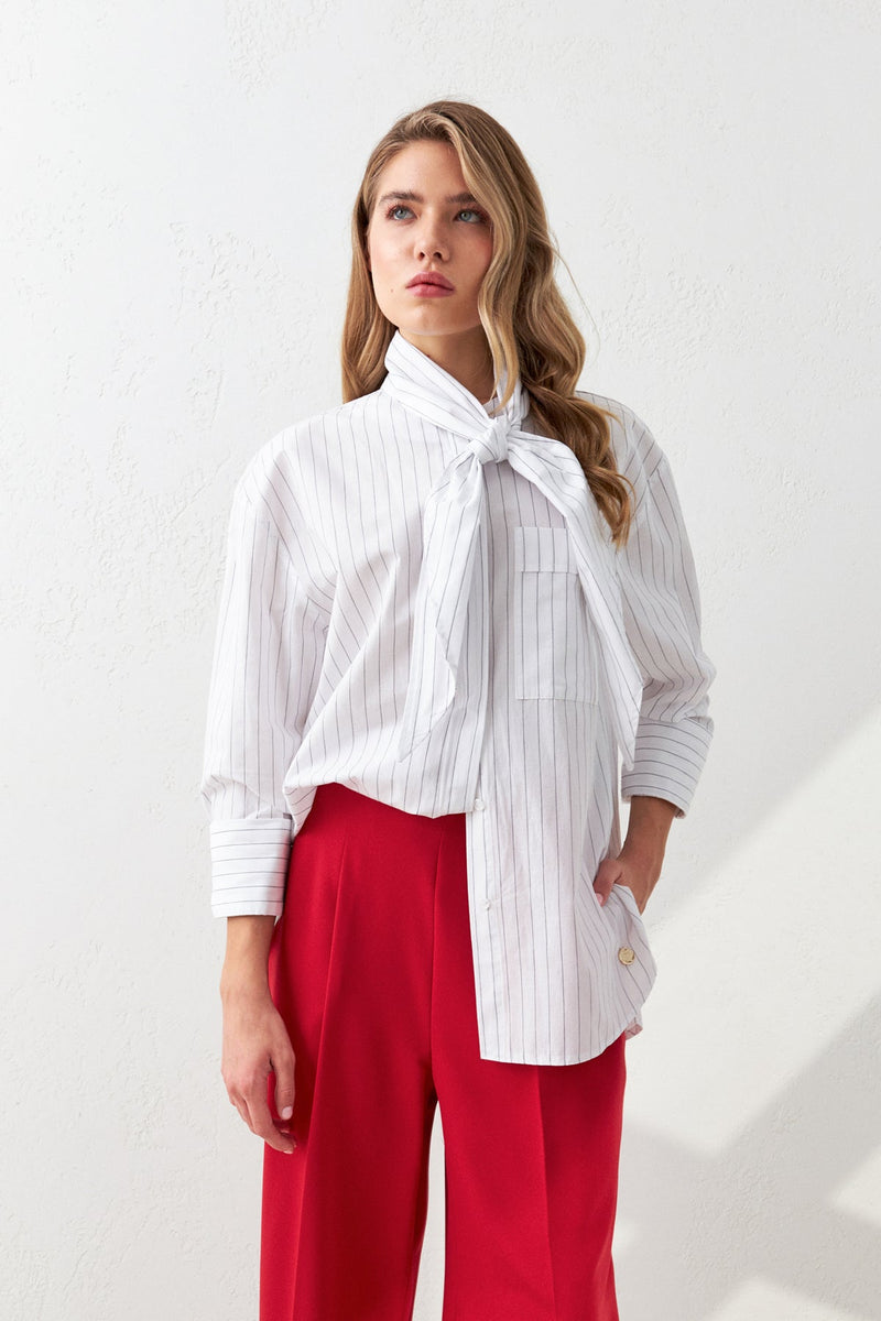 Setre Collar Detailed Striped Shirt Ecru