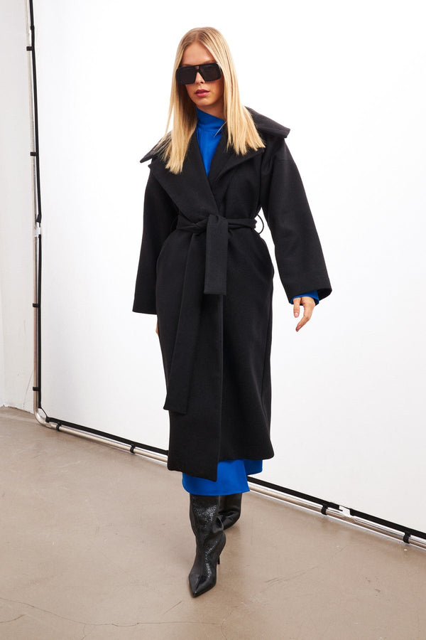 Setre Belt Detailed Long Coat Black