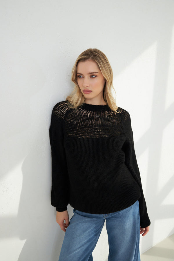 Setre Knitted Detailed Long Sleeve Knitted Blouse Black