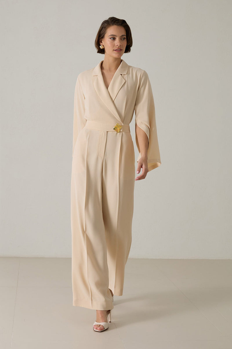 Setre Sleeve Detailed Waist Belted Jumpsuit Beige