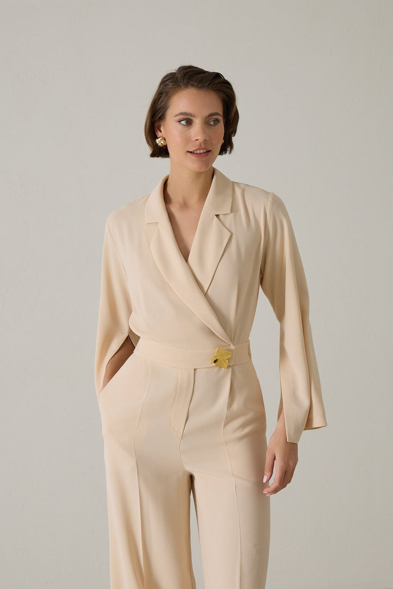 Setre Sleeve Detailed Waist Belted Jumpsuit Beige