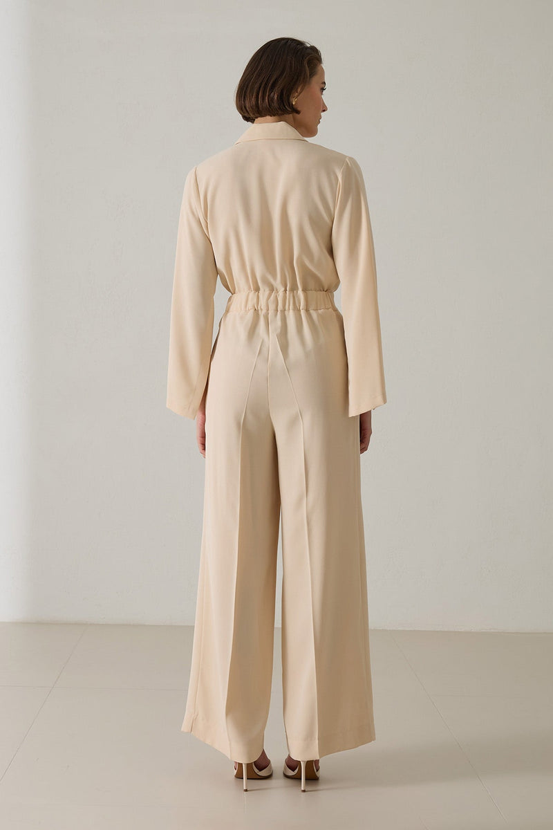 Setre Sleeve Detailed Waist Belted Jumpsuit Beige
