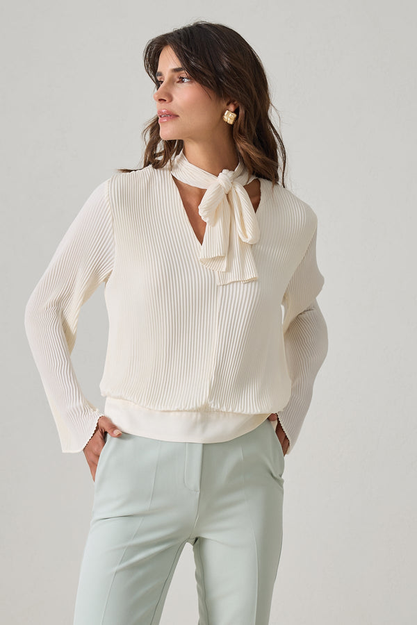 Setre V Neck Blouse With Neck Tie Detail Cream