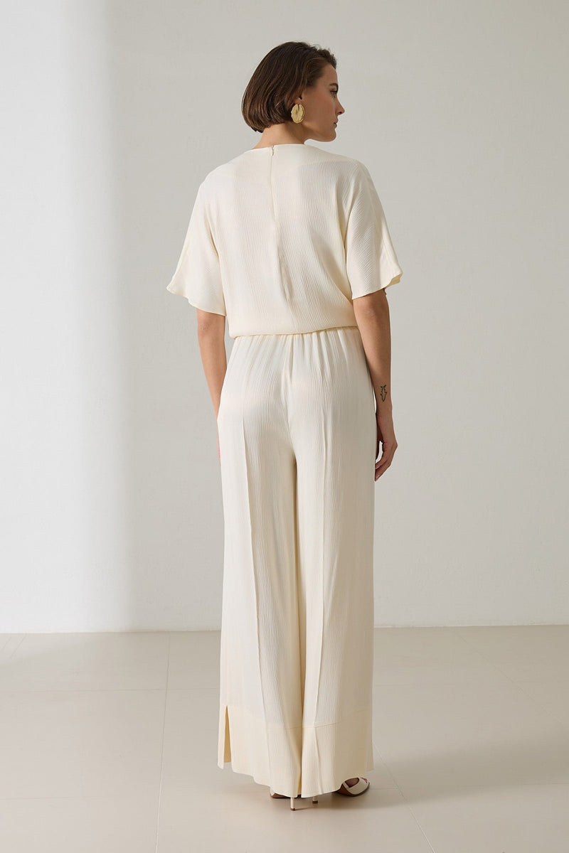 Setre Neck And Sleeve Detailed Blouse With Trousers Cream