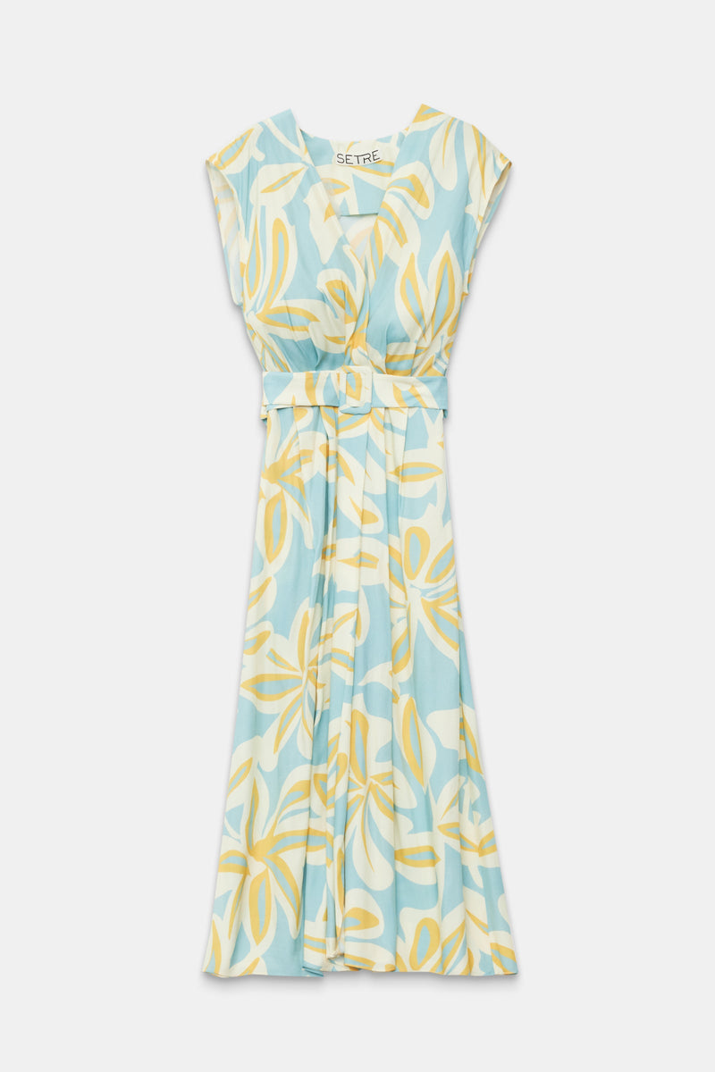 Setre V Neck Tie Waist Detail Patterned Dress Turquoise