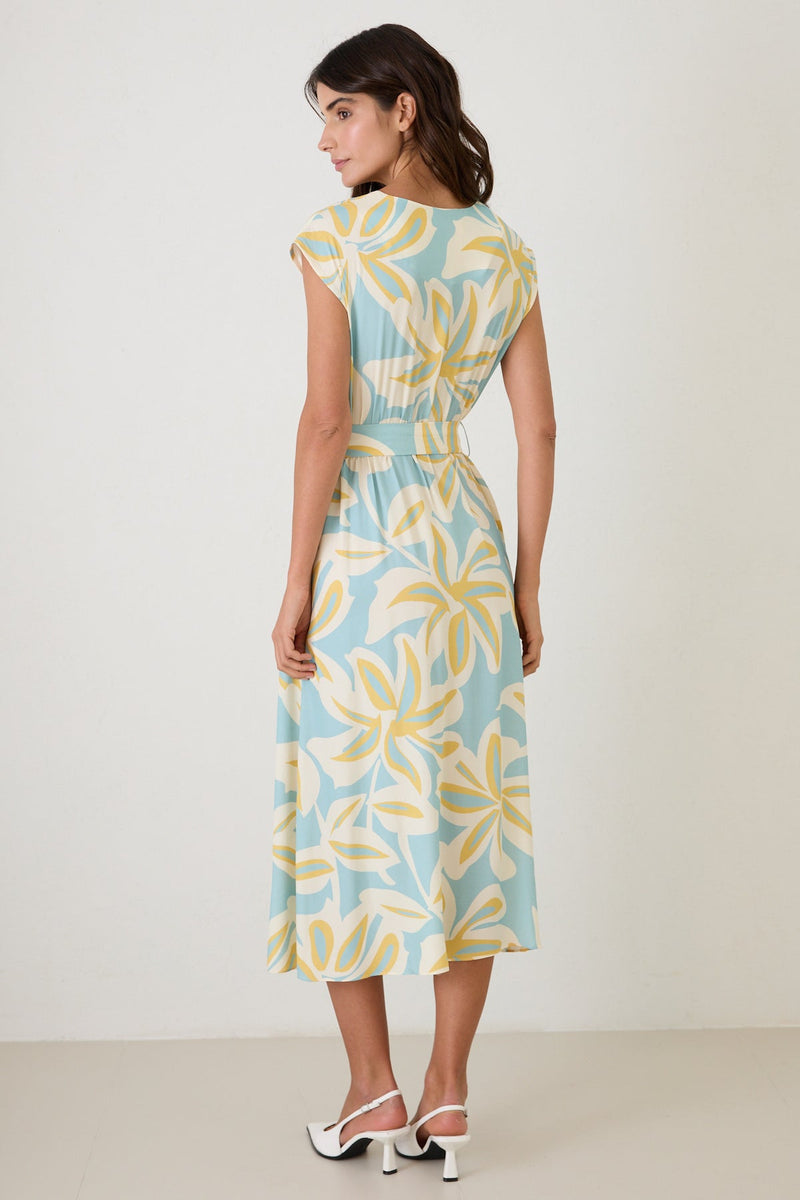 Setre V Neck Tie Waist Detail Patterned Dress Turquoise