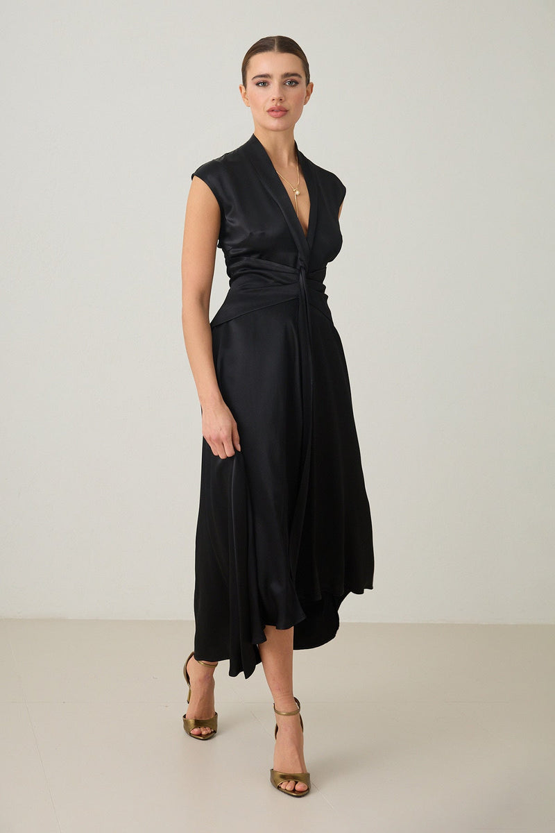 Setre Waist Detailed Midi Sleeveless Dress Black