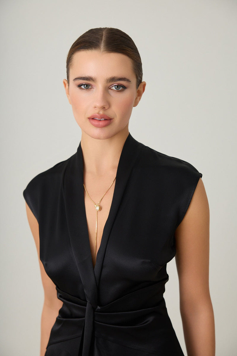 Setre Waist Detailed Midi Sleeveless Dress Black