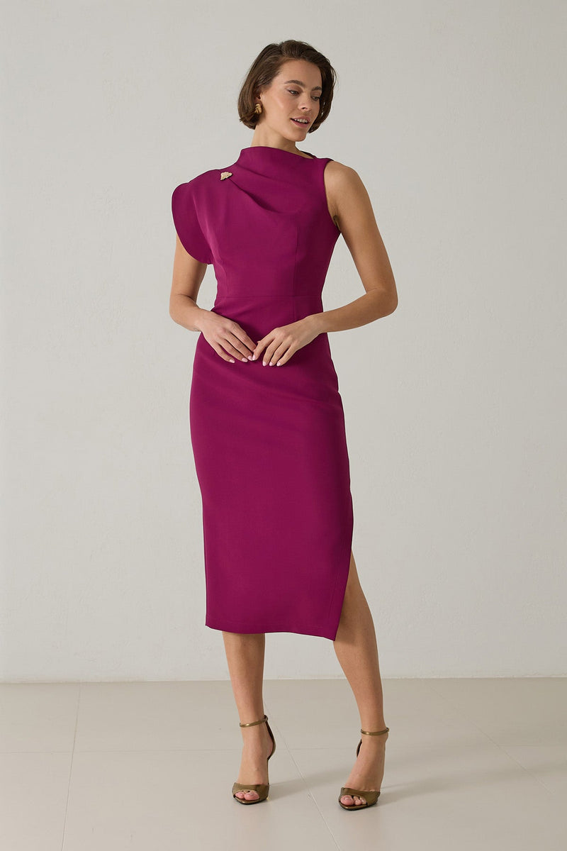 Setre One Shoulder Detailed Midi Length Dress Dark Fuchsia