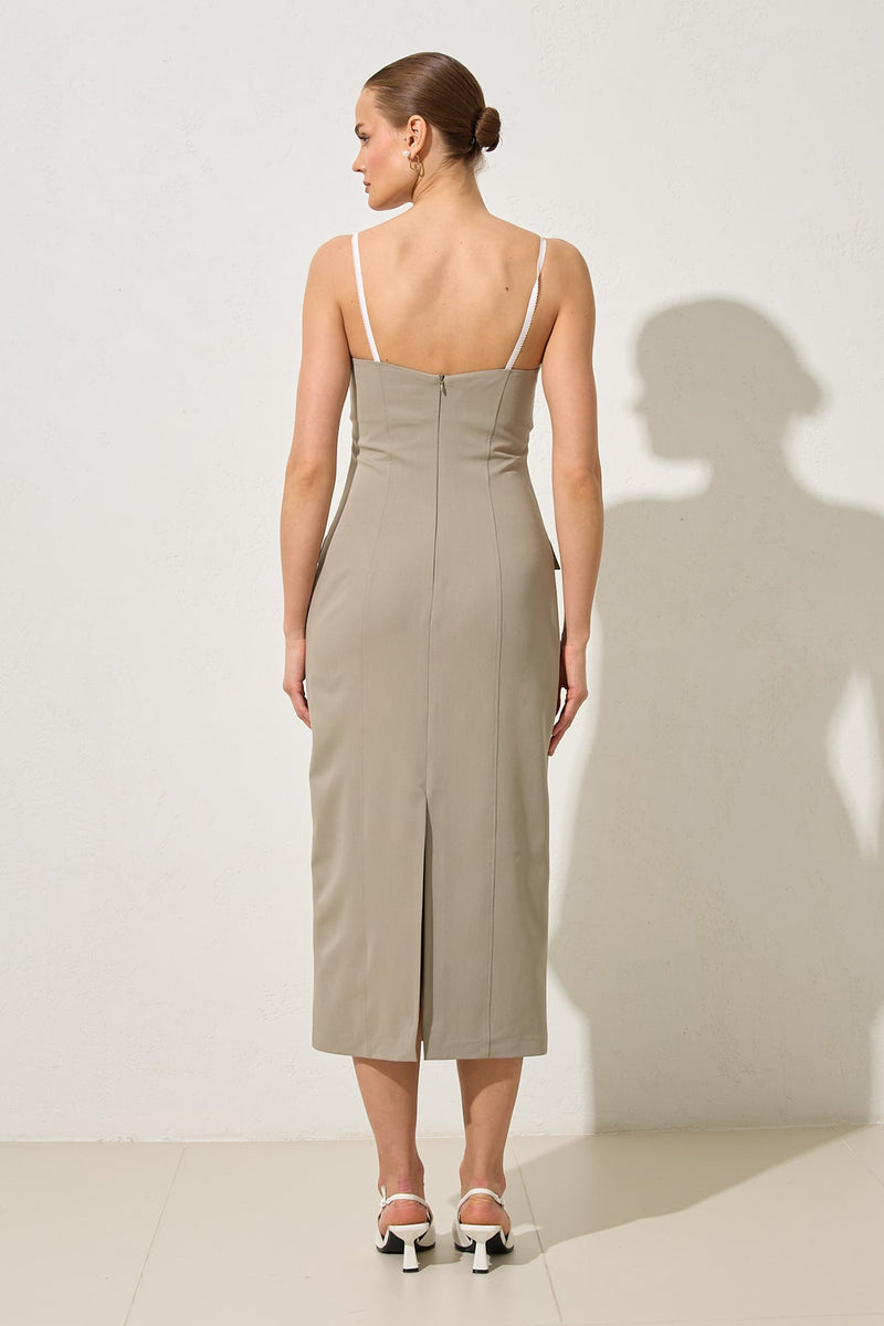 Setre Thin Strap Collar And Pocket Detailed Midi Dress Olive