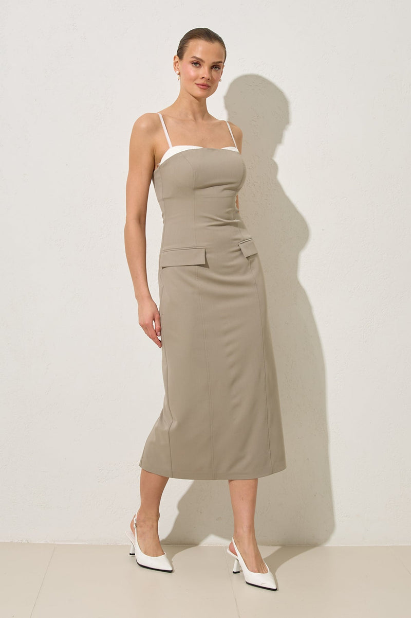 Setre Thin Strap Collar And Pocket Detailed Midi Dress Olive