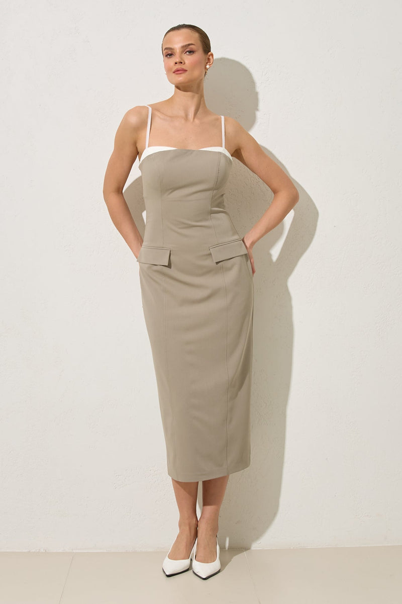 Setre Thin Strap Collar And Pocket Detailed Midi Dress Olive