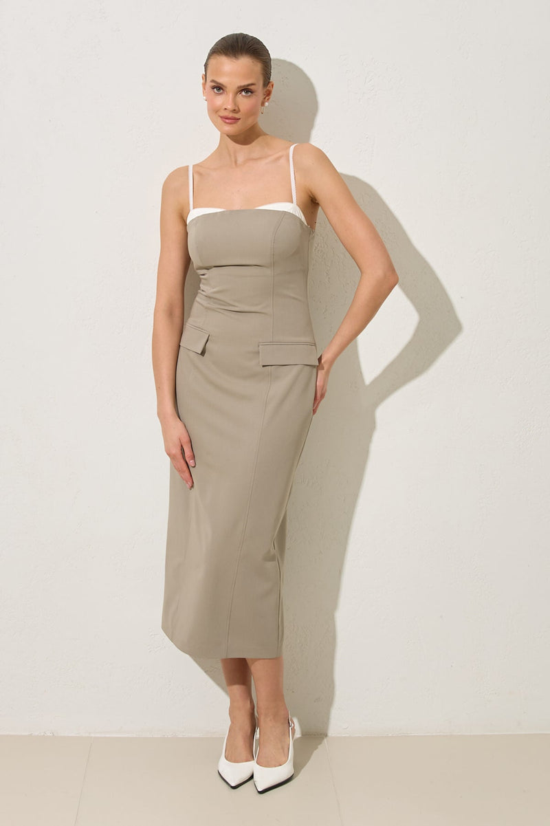 Setre Thin Strap Collar And Pocket Detailed Midi Dress Olive