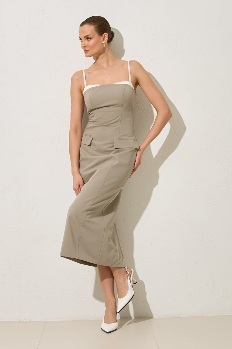 Setre Thin Strap Collar And Pocket Detailed Midi Dress Olive
