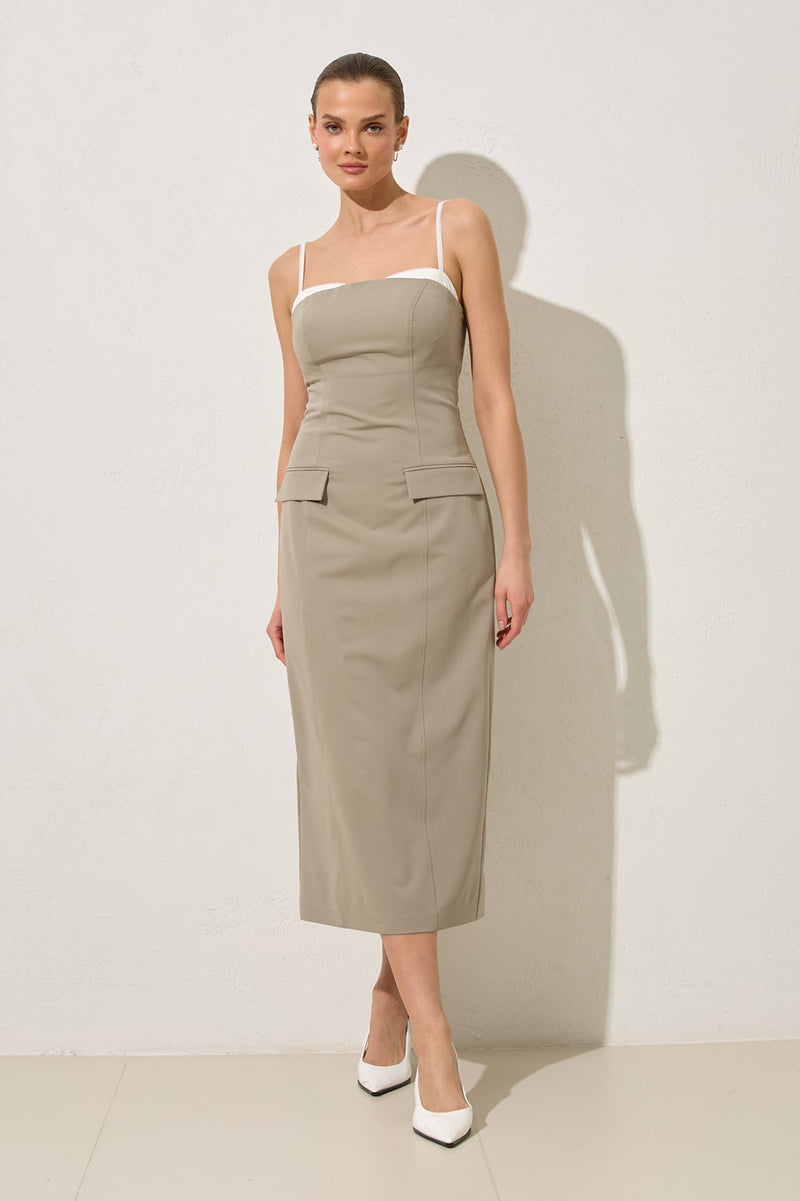 Setre Thin Strap Collar And Pocket Detailed Midi Dress Olive